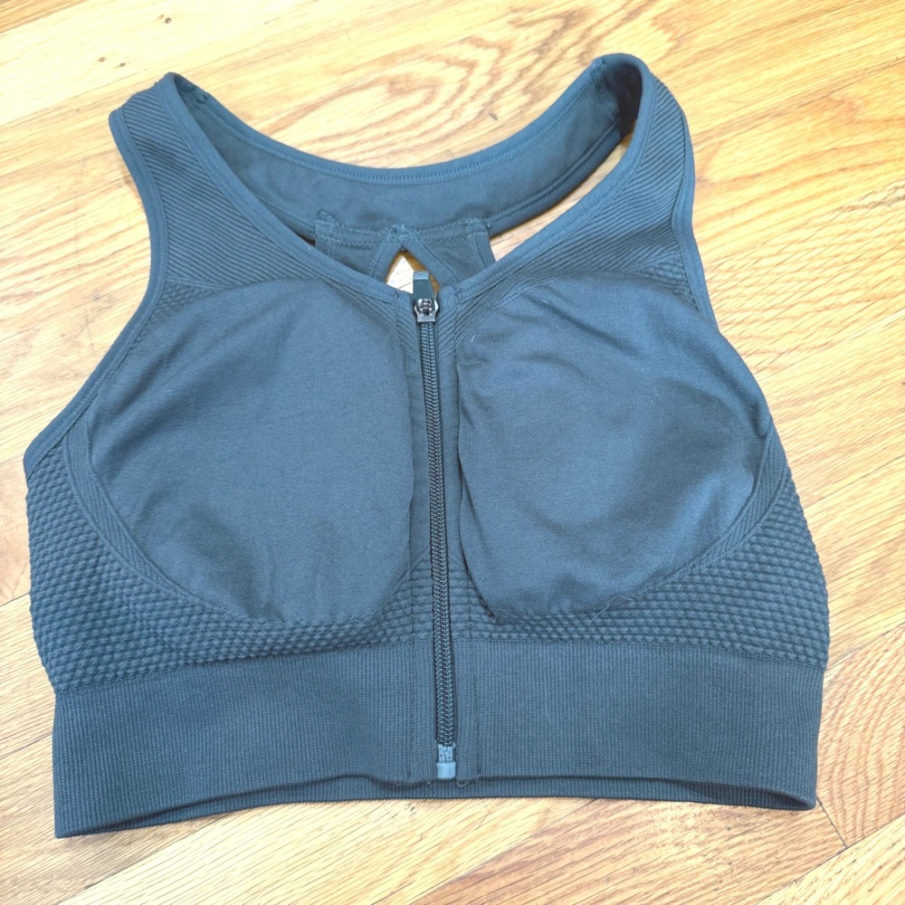Vina Womens Front Zip Seamless Sports‎ Bra Green Impact Racerback M